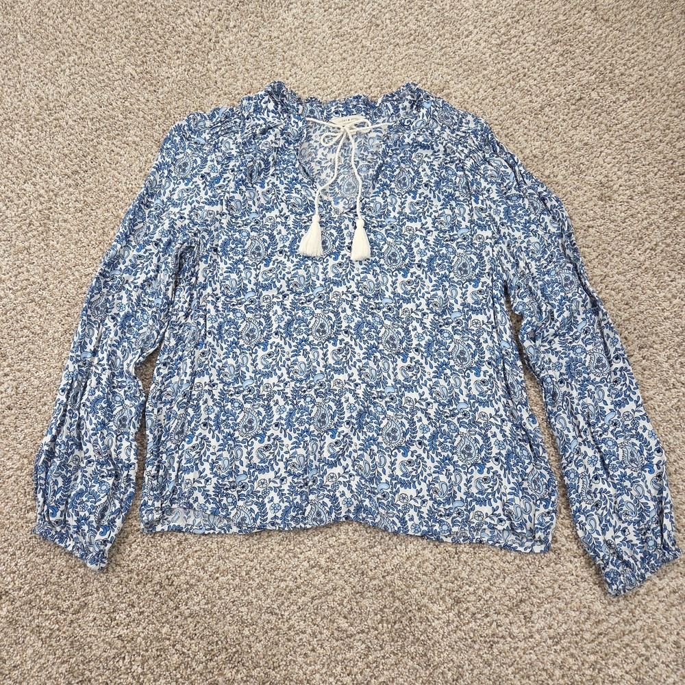 Lucky Brand Peasant Blouse Women's‎ Medium Blue Paisley Floral Boho Cottagecore